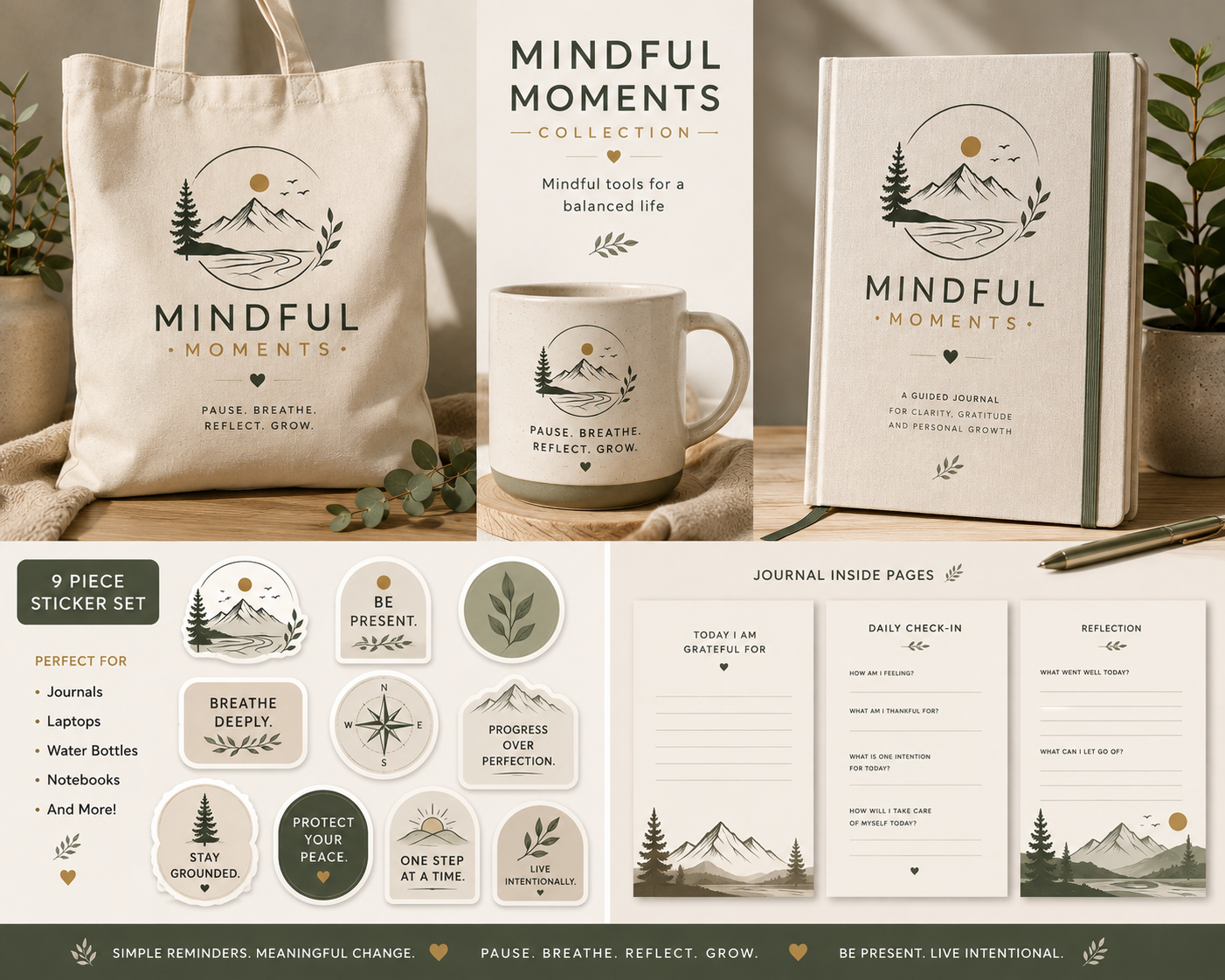The Mindful Moments collection — canvas tote, mug, guided journal, stickers and journal pages